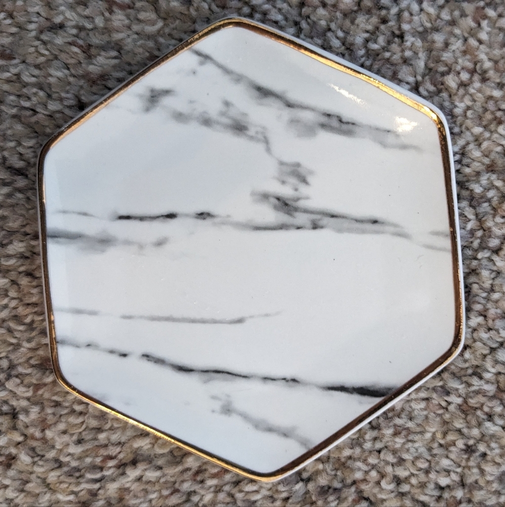Hexagonal Marble Dish with Gold Trim